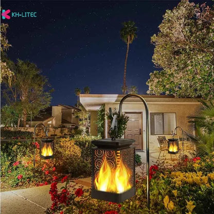 Black solar hanging flame torch light with flickering LED for garden decoration