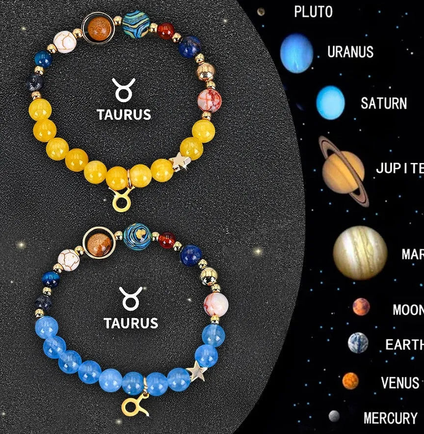 Twelve Zodiac Sign beaded bracelet set with natural stone beads on adjustable cord, showing two bracelets for mix-and-match styling.