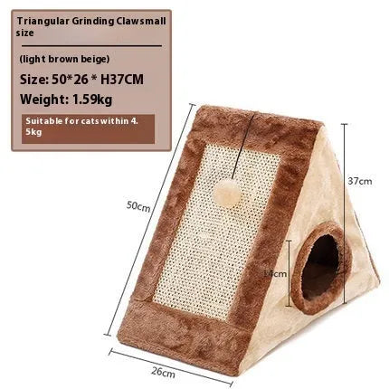 Grey and white triangular cat bed with an integrated sisal rope scratching post.