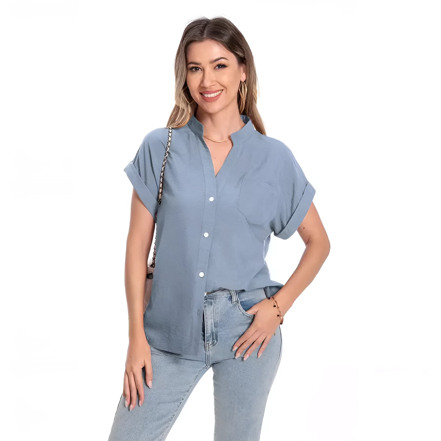 Women's loose-fit short sleeve top with stand collar and button front in army green