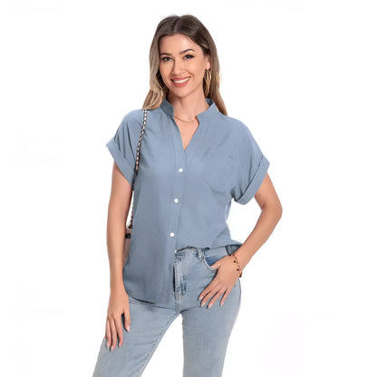 Women's loose-fit short sleeve top with stand collar and button front in army green