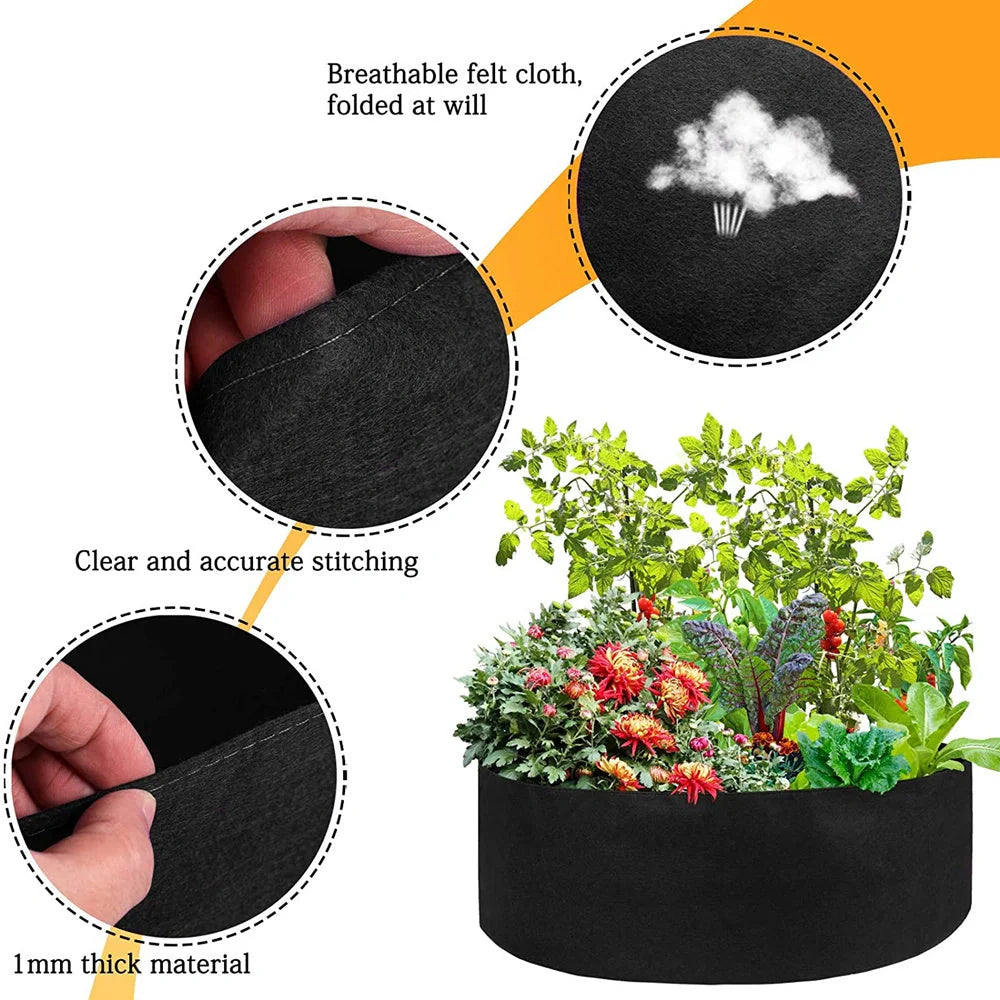 Round fabric grow bags for plants with water-retaining felt material in black and green