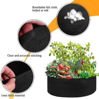 Round fabric grow bags for plants with water-retaining felt material in black and green