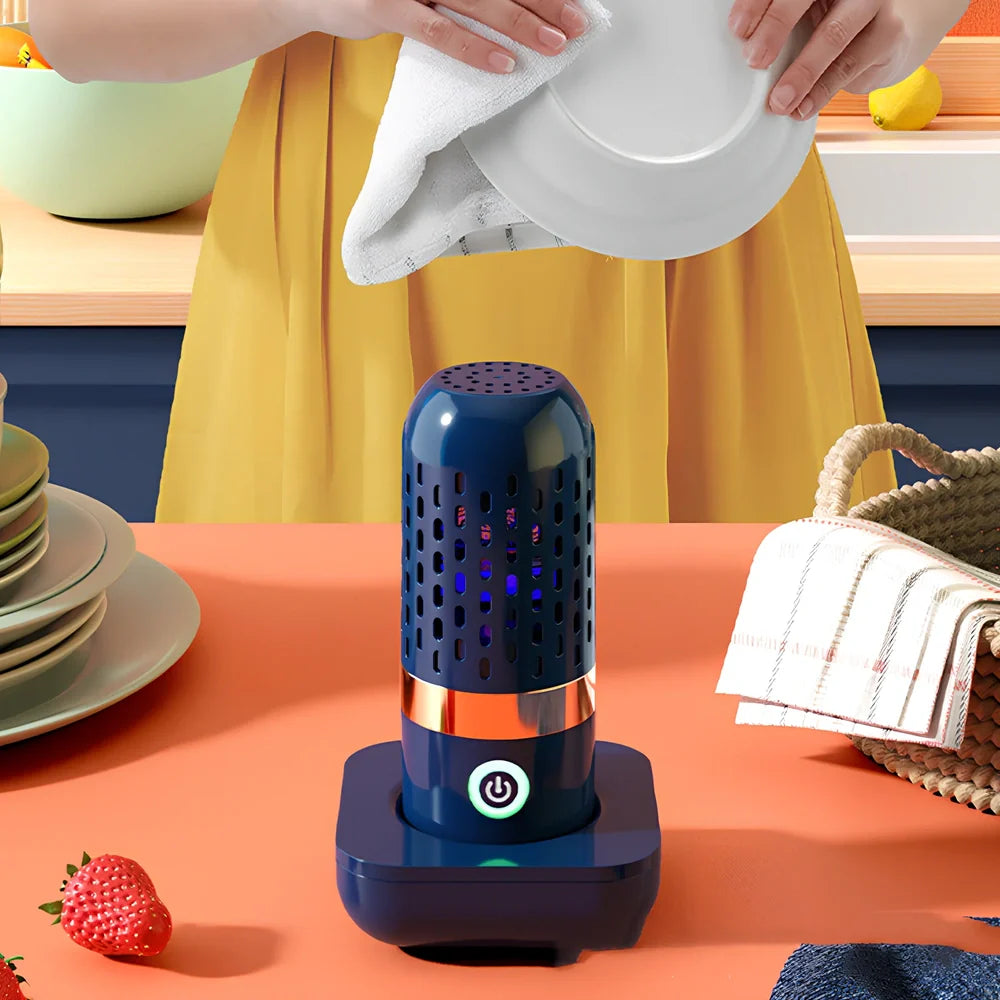 Blue capsule fruit and vegetable cleaner with charger, shows 3000mAh battery capacity