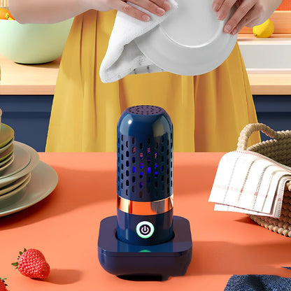 Blue capsule fruit and vegetable cleaner with charger, shows 3000mAh battery capacity