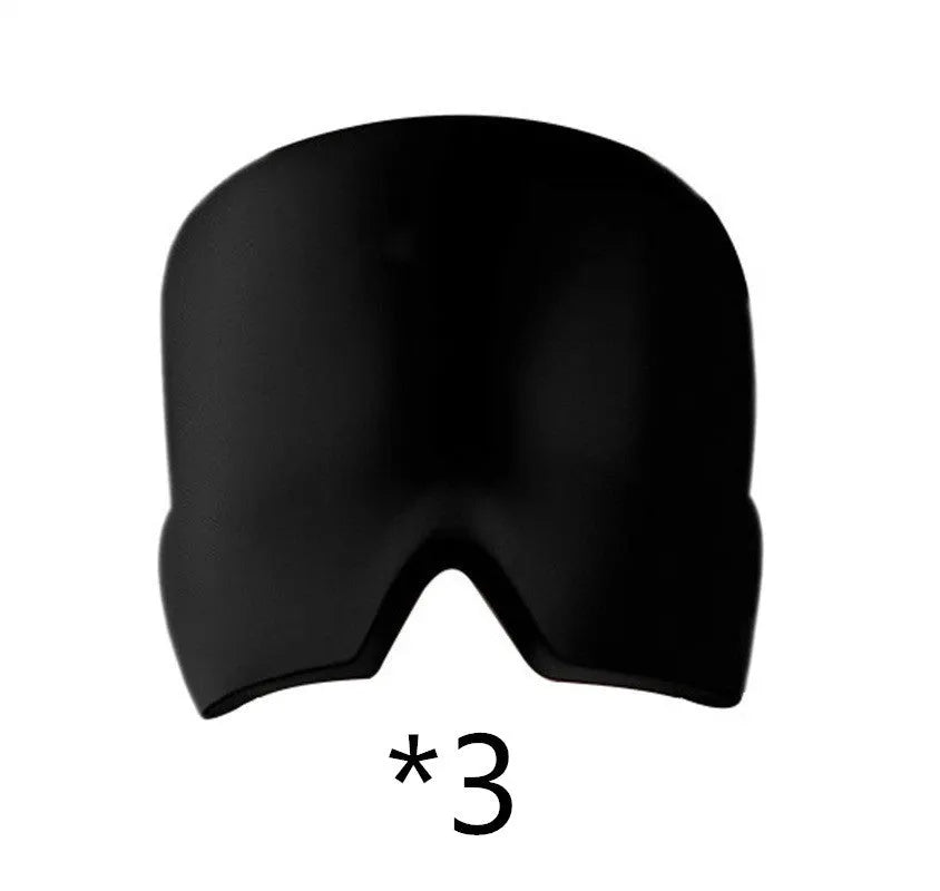 Black elastic cooling gel eye mask for headache relief placed on a forehead.