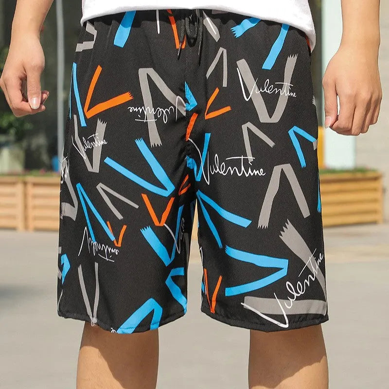 Man wearing loose-fitting striped beach pants made from quick-dry ice silk fabric.