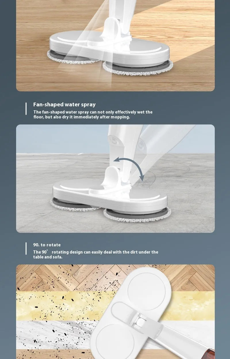 White and green cordless floor cleaning machine with sweeping brushes and water tank.