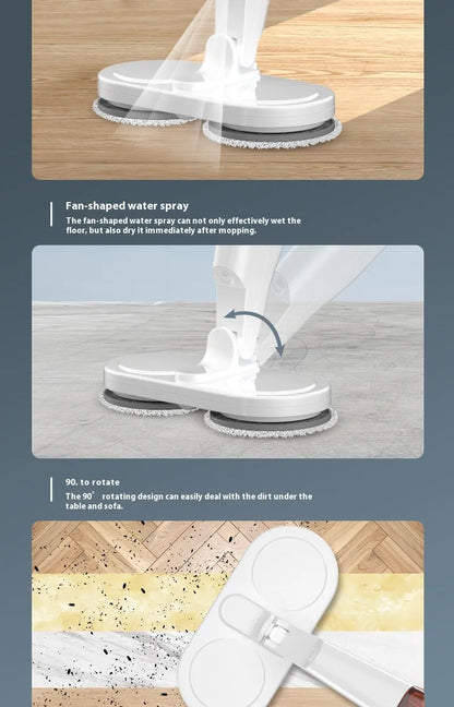 White and green cordless floor cleaning machine with sweeping brushes and water tank.