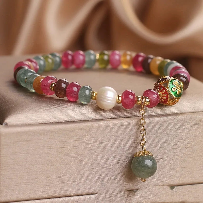 Colourful tourmaline abacus bead bracelet for women with pearl element in ethnic style