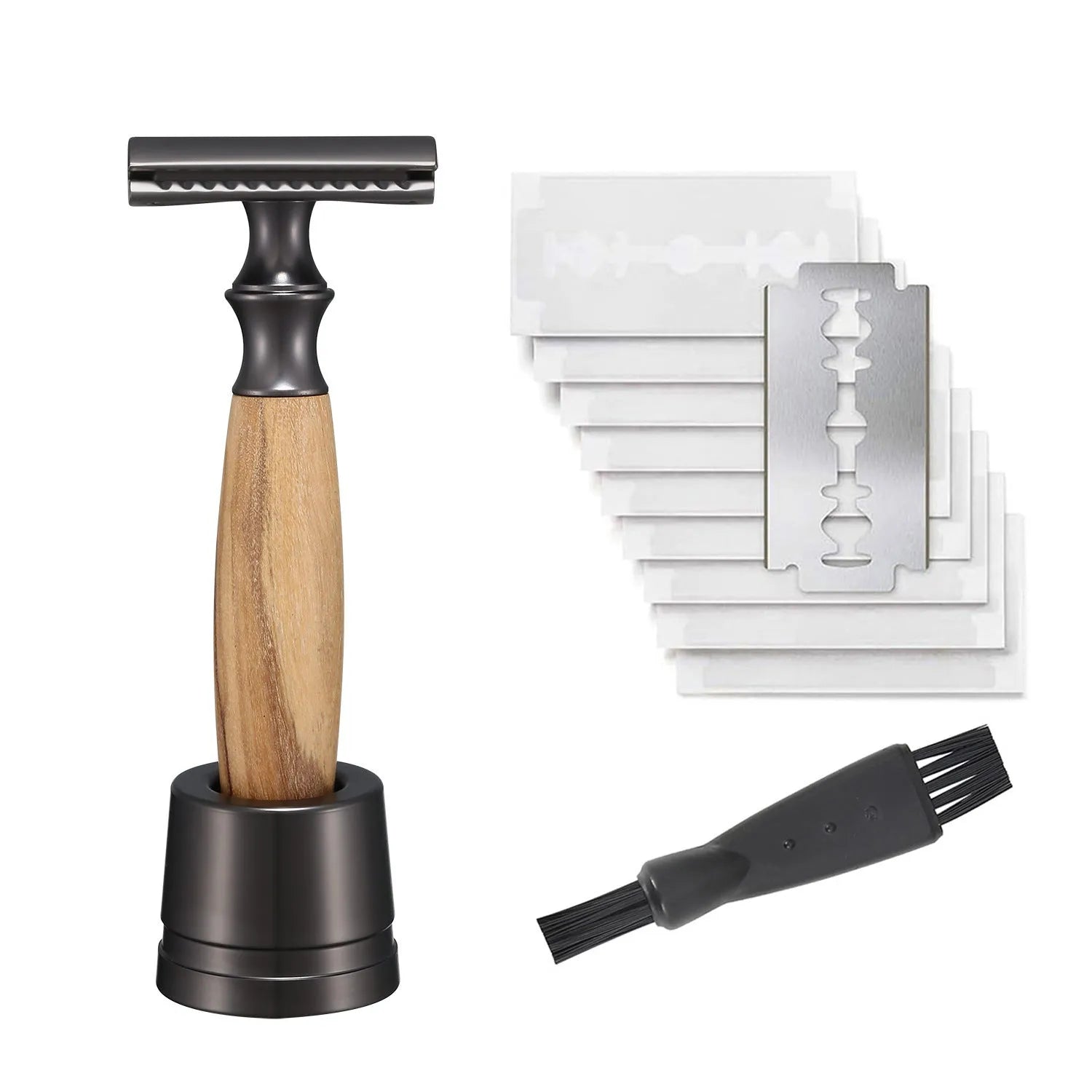 Men's manual shaving razor with olive wood handle and metal razor holder