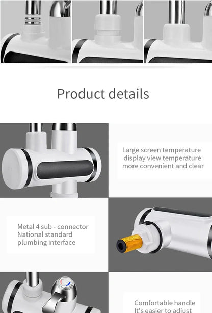 White kitchen electric water tap with digital temperature display showing instant heating capability