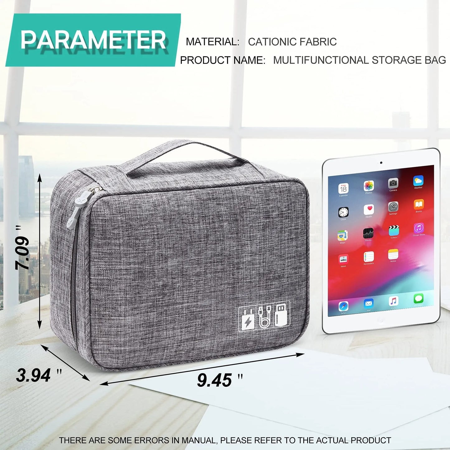 Black travel cable organiser bag open, showing mesh pockets, elastic loops, and removable padded dividers inside.