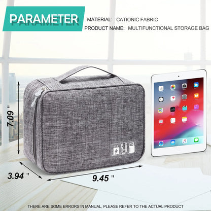 Black travel cable organiser bag open, showing mesh pockets, elastic loops, and removable padded dividers inside.