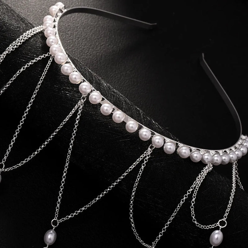 Mesh Tassel Temperamental Hair Chain for Women: A gold or silver electroplated pearl accessory with tassel detailing, designed for fashion-forward office wear and versatile styling options.