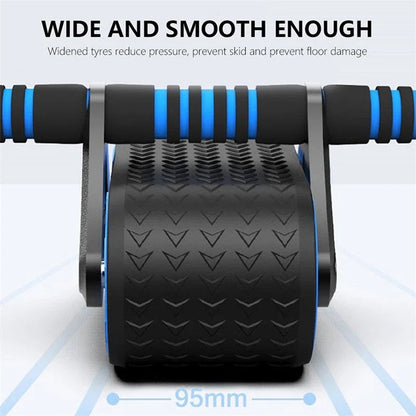 Dual-wheel abdominal roller with sweat-absorbent grip handle for intense core workouts
