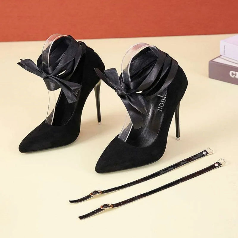Women's stiletto sandals with a thin and shallow mouth design in pointed toe style available in lace or fabric strap options and black or red colours with 10cm or 12cm heel heights and sizes from UK 35 to 45