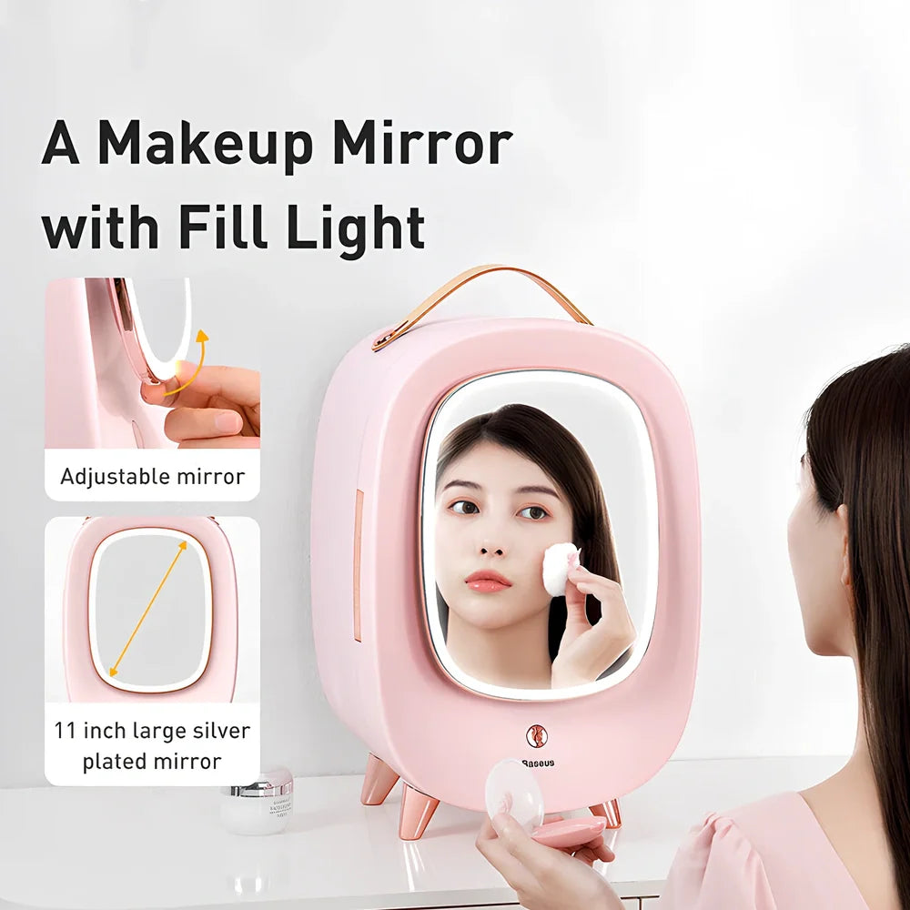 Pink makeup refrigerator with 13-litre capacity for cosmetic storage measuring 440mm wide
