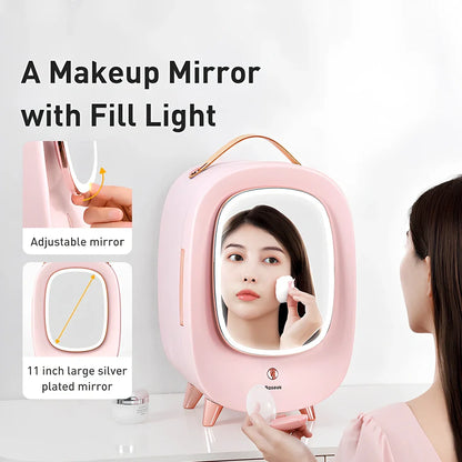 Pink makeup refrigerator with 13-litre capacity for cosmetic storage measuring 440mm wide