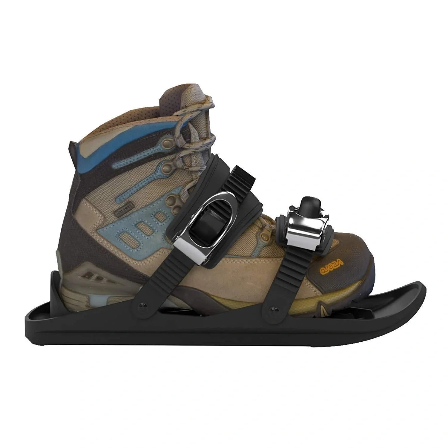 Mini short ski skates for snowboarding in black, featuring adjustable fixers and a 10 cm turning radius.