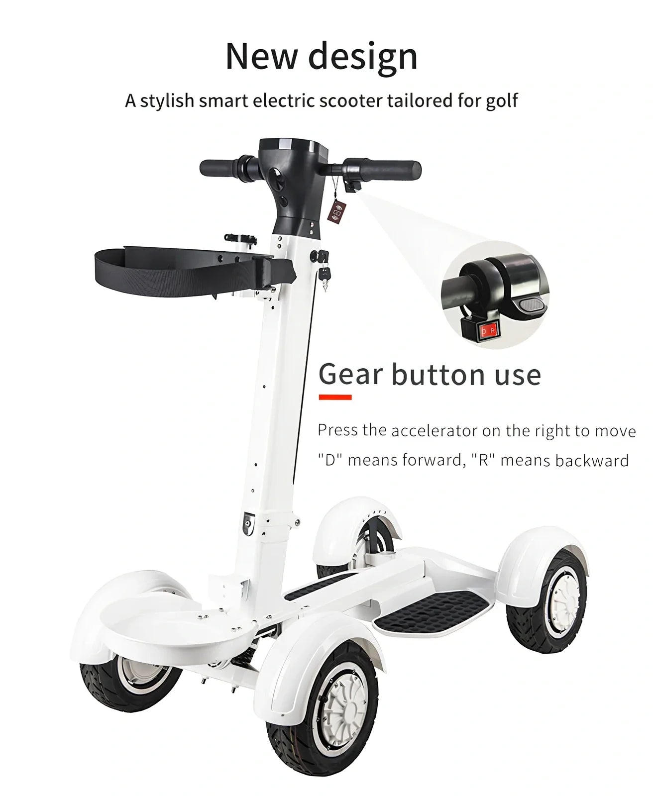 White four-wheel electric golf scooter with folding mechanism and aluminium alloy frame