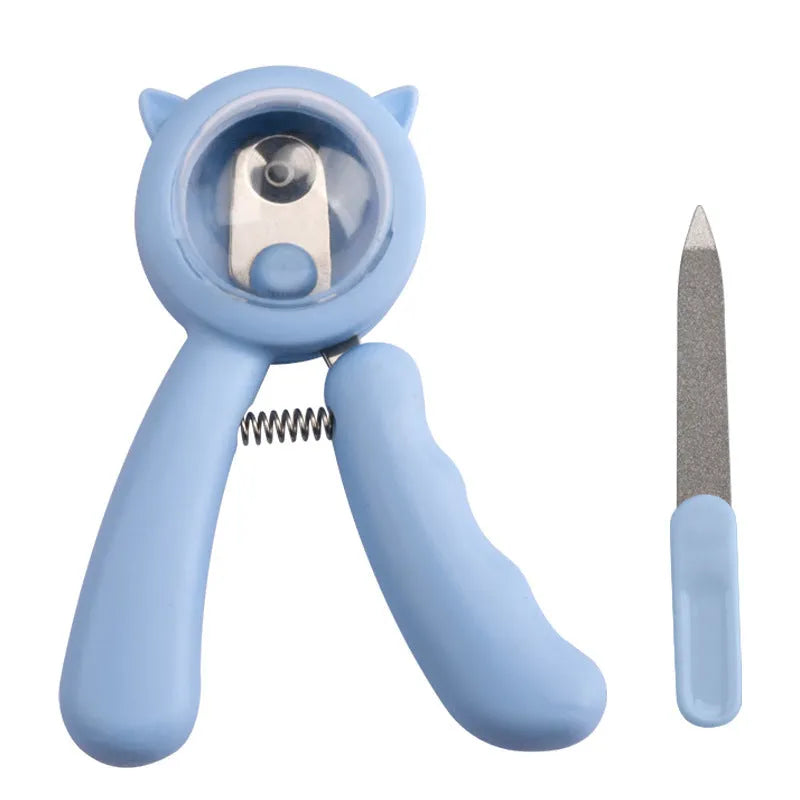 Blue pet nail clipper with stainless steel sickle blade and non-slip handle for dogs and cats.