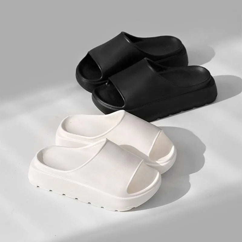 Women's beige 5.5cm thick-soled EVA slippers with injection-moulded construction for bathroom and beach use