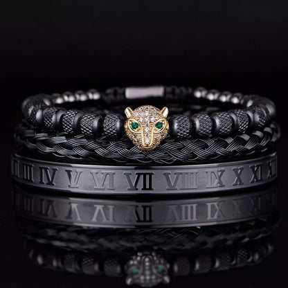 Leopard Head Set Mesh Pineapple Pearl Roman Bracelet in titanium steel with black or white diamonds