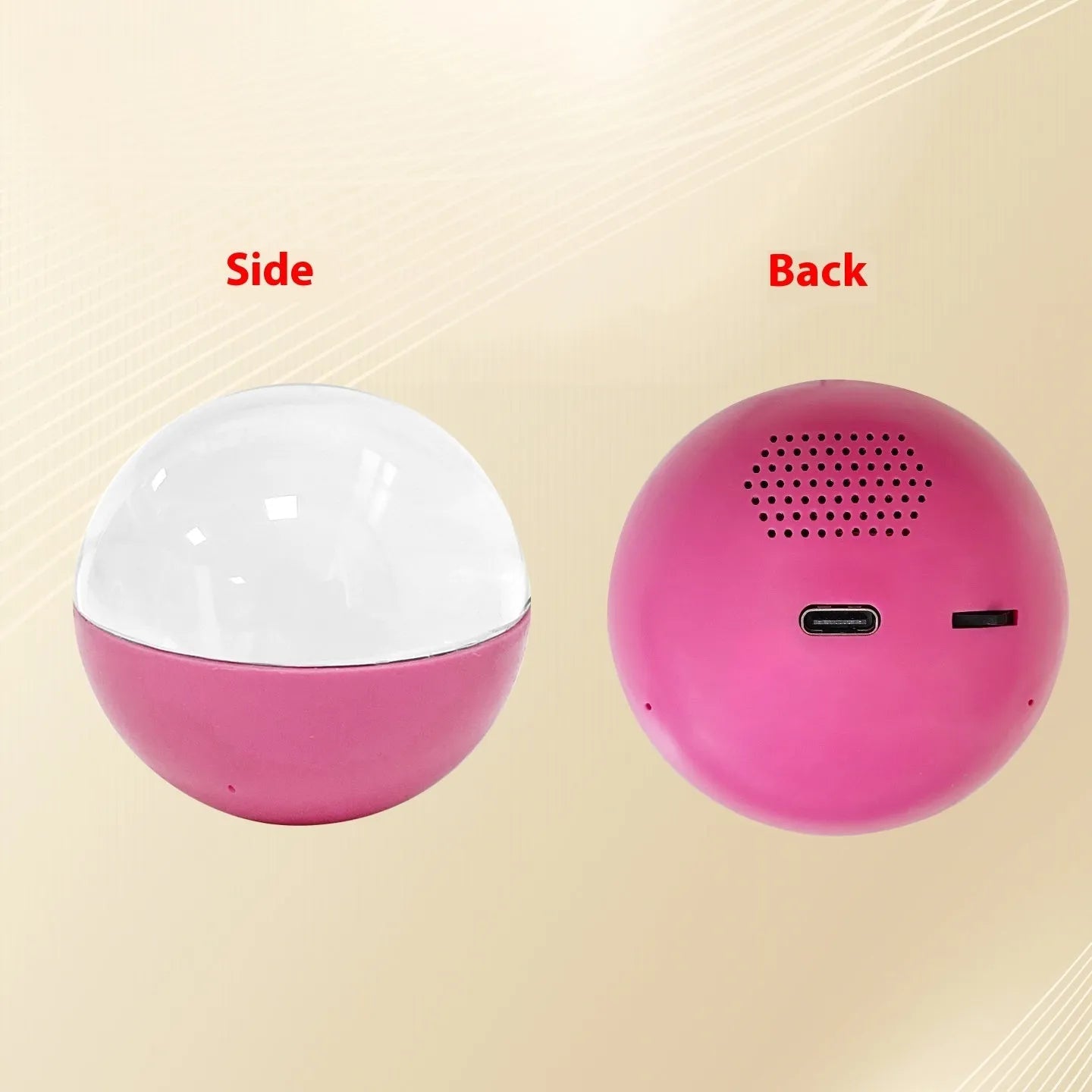 Electronic ball video player with round screen in orange, blue, white, pink, or black, showing 70x70mm size and dial control.