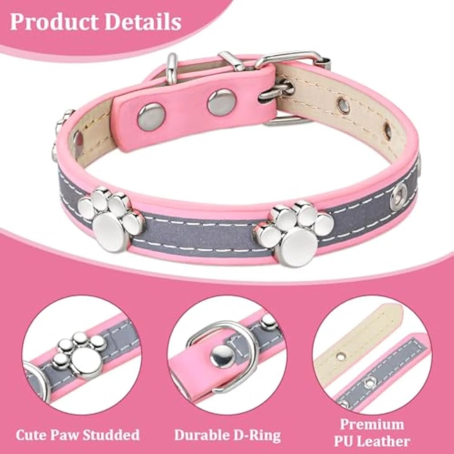 Reflective adjustable dog collar with paw rivet on soft PU leather, showing metal buckle and five adjustment holes