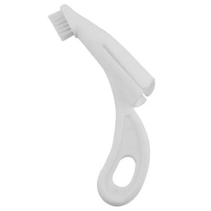 Red and white pet finger toothbrushes with soft silicone bristles for cleaning dog and cat teeth.