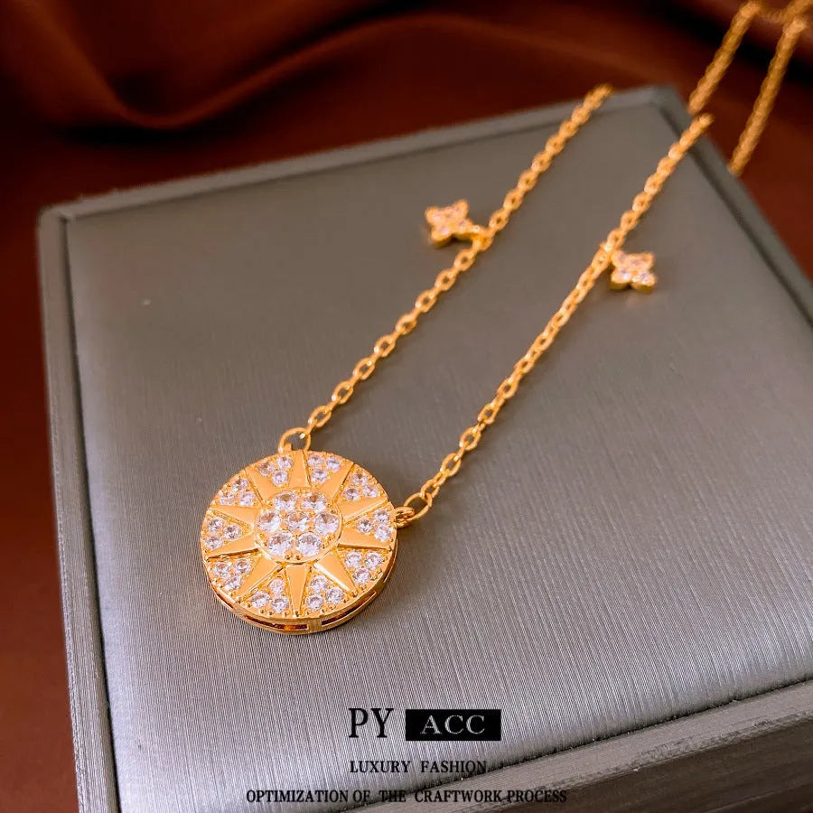Gold round pendant clavicle necklace with inlaid zircon, geometric Chinese-style women's jewellery, 51-60cm chain
