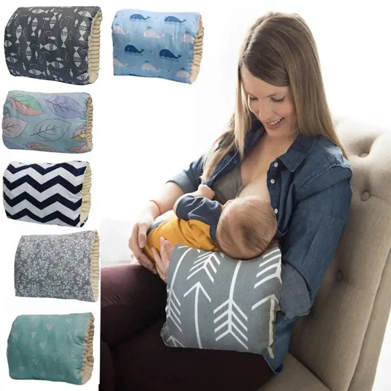 Adjustable cotton nursing pillow with various colorful designs, providing comfort and support for breastfeeding and bottle-feeding