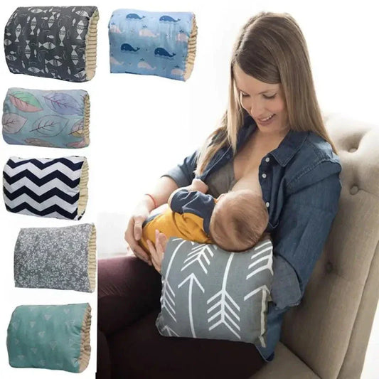 Adjustable cotton nursing pillow with various colorful designs, providing comfort and support for breastfeeding and bottle-feeding