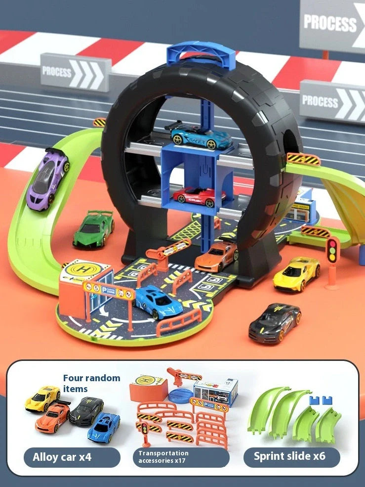 Children's tyre track parking lot toy with 28cm tracks and 33cm high parking structure for educational vehicle play