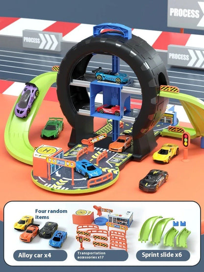 Children's tyre track parking lot toy with 28cm tracks and 33cm high parking structure for educational vehicle play