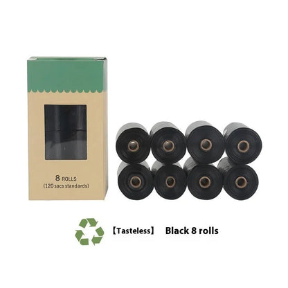 Roll of EPI green degradable pet waste bags next to a transparent dispenser on a grass background.