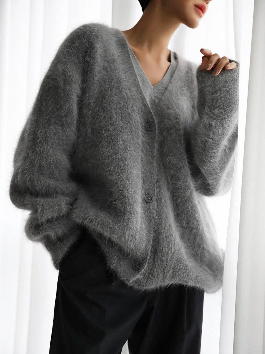 Cozy oversized cardigan with v-neck, button front, and variety of color options for women