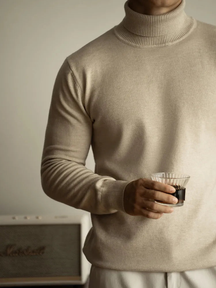 Men's long-sleeved slim fit sweater in black, brown, dark gray, light apricot or white, sizes S to 3XL.