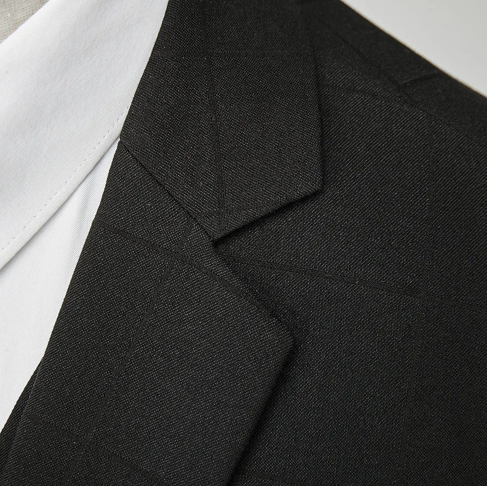 Men's navy blue slim fit three-piece suit with waistcoat on a hanger