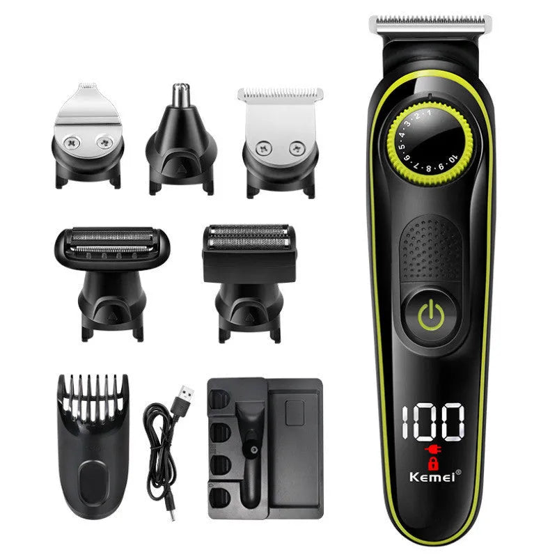 Black rechargeable electric hair clipper set with stainless steel blade and automatic grinding head
