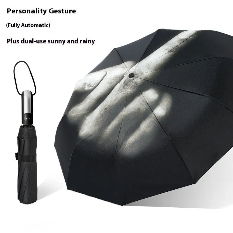 Folding umbrella showing tri-fold design with gesture motif and plastic handle