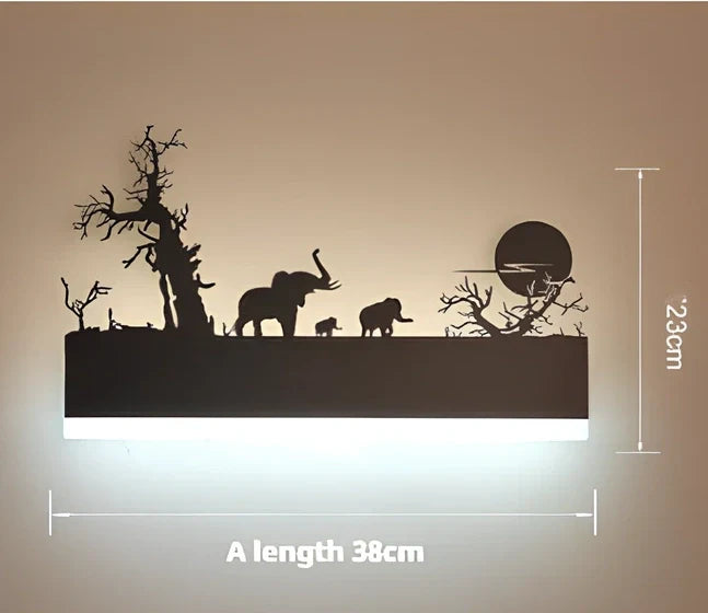 Black circular LED wall lamp with 38cm diameter and laser-cut acrylic design