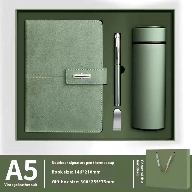 A5 notebook with imitation leather cover in a choice of colours including black, red, green, blue, and orange.