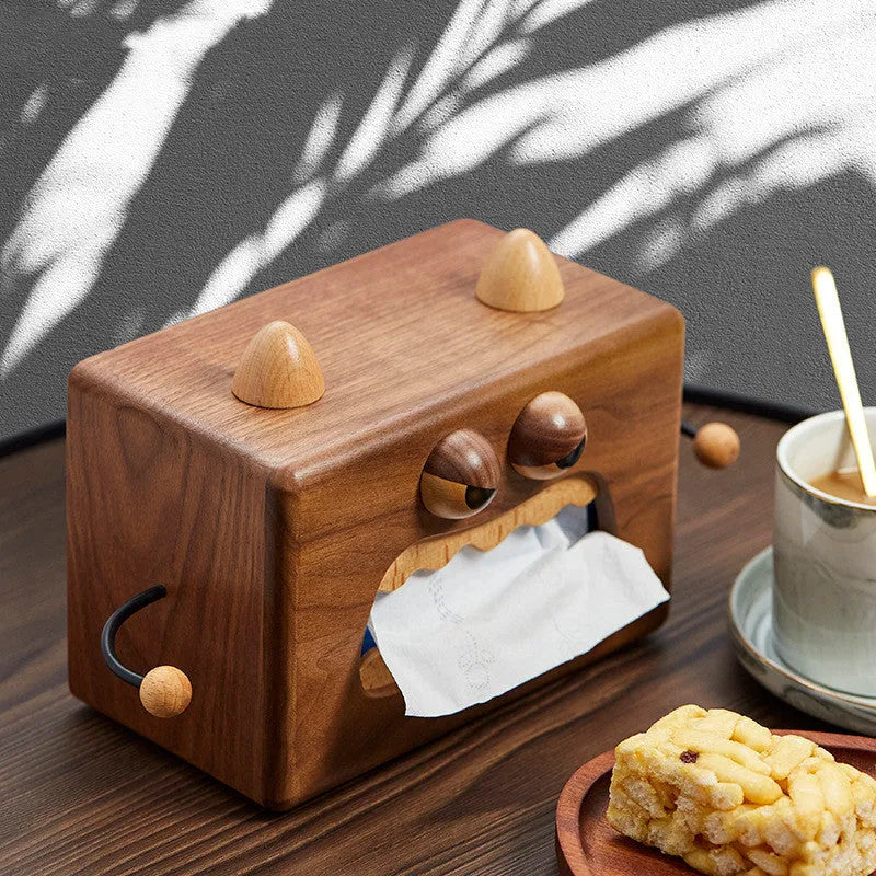 Wooden tissue box cartoon household accessory Little Monster tissue box walnut beech material 190x104x125mm decorative storage for tissues in home or office