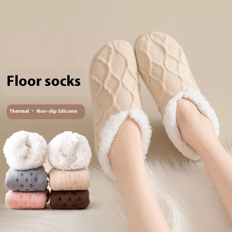 Unisex thick thermal plush slipper socks with non-slip grip in various colors