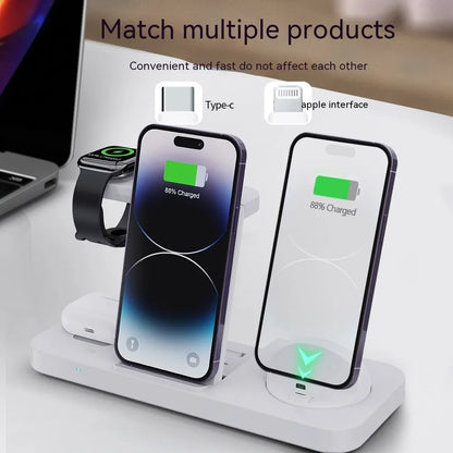 B-21 three-in-one wireless charging station for mobile phone, headset, and smartwatch on a desk.