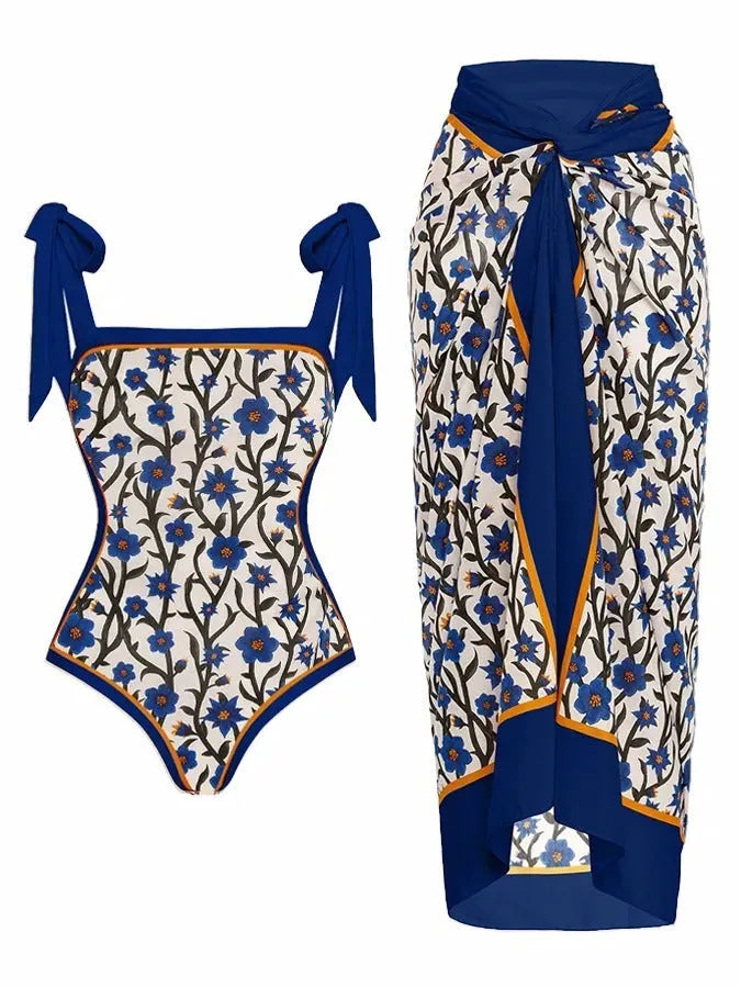 Women's floral printed two-piece swimsuit with chiffon hip skirt in multiple colour options