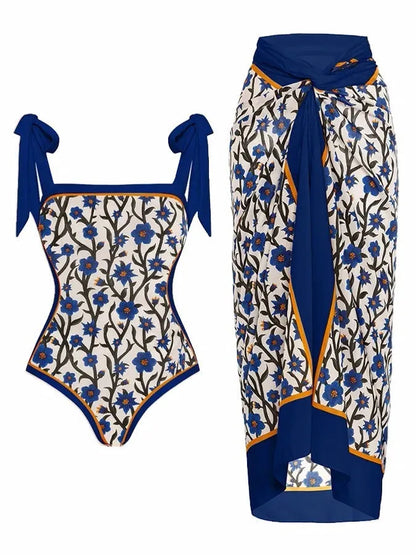 Women's floral printed two-piece swimsuit with chiffon hip skirt in multiple colour options