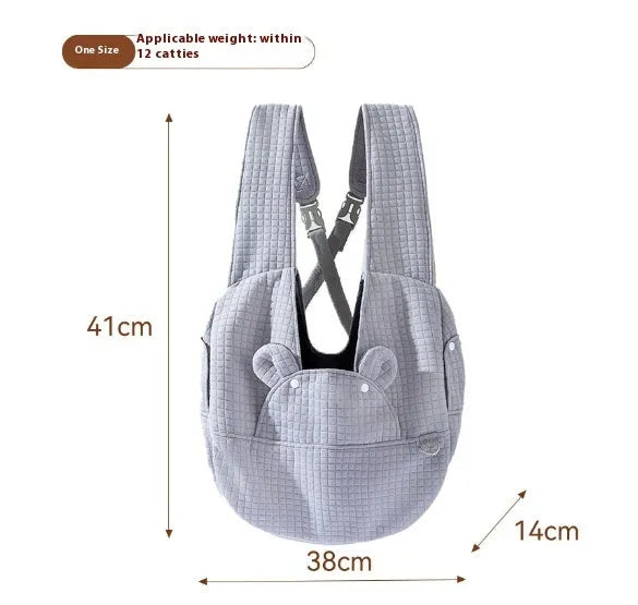 Grey square plaid quilted pet diaper backpack worn cross-chest, dimensions 38cm by 14cm by 41cm.